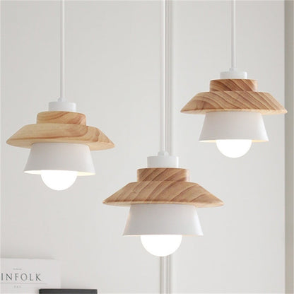 Contemporary Scandinavian Geometric Cylinder Iron Shade Wood Grain 1-Light Pendant Light For Living Room