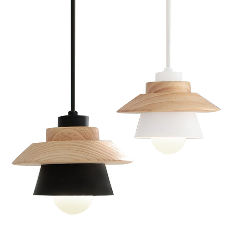 Contemporary Scandinavian Geometric Cylinder Iron Shade Wood Grain 1-Light Pendant Light For Living Room