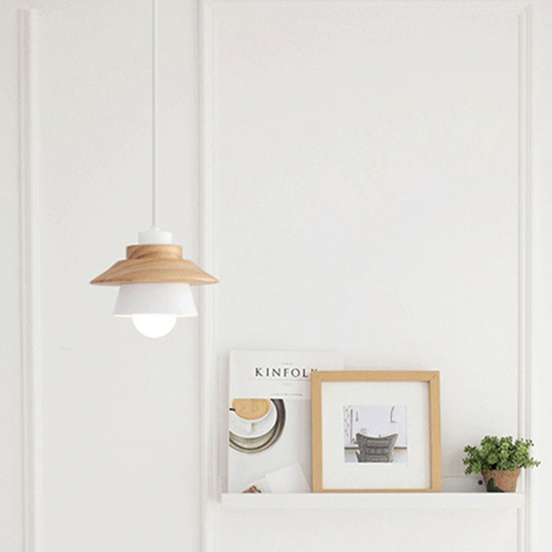 Contemporary Scandinavian Geometric Cylinder Iron Shade Wood Grain 1-Light Pendant Light For Living Room