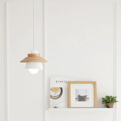 Contemporary Scandinavian Geometric Cylinder Iron Shade Wood Grain 1-Light Pendant Light For Living Room