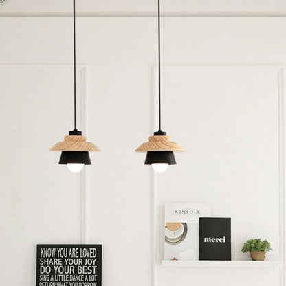 Contemporary Scandinavian Geometric Cylinder Iron Shade Wood Grain 1-Light Pendant Light For Living Room