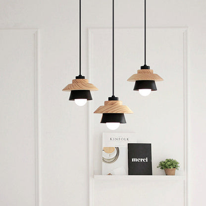 Contemporary Scandinavian Geometric Cylinder Iron Shade Wood Grain 1-Light Pendant Light For Living Room