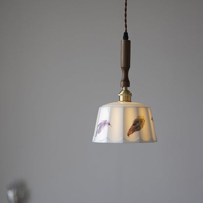 Traditional French Feather Pattern Glazed Ceramic Round Shade Walnut Wood Brass 1-Light Pendant Light For Living Room