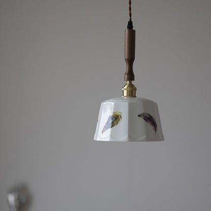 Traditional French Feather Pattern Glazed Ceramic Round Shade Walnut Wood Brass 1-Light Pendant Light For Living Room