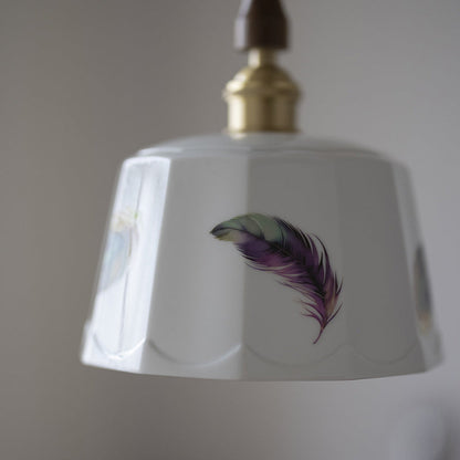 Traditional French Feather Pattern Glazed Ceramic Round Shade Walnut Wood Brass 1-Light Pendant Light For Living Room