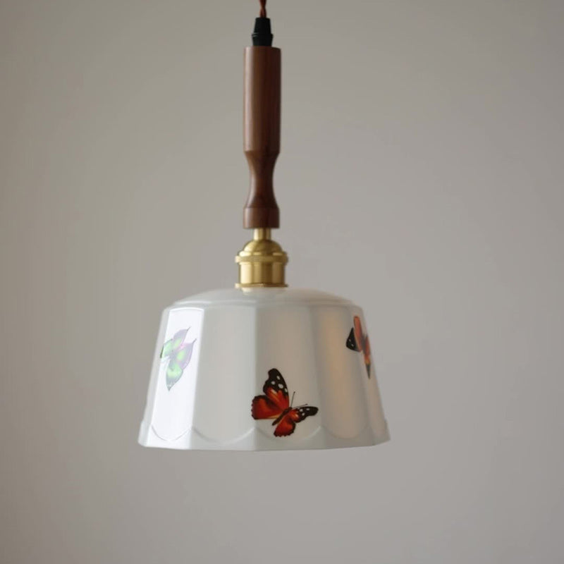 Traditional French Feather Pattern Glazed Ceramic Round Shade Walnut Wood Brass 1-Light Pendant Light For Living Room