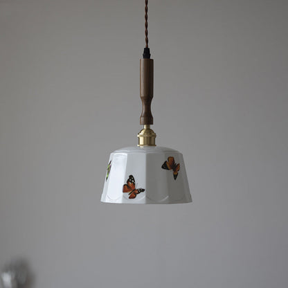 Traditional French Feather Pattern Glazed Ceramic Round Shade Walnut Wood Brass 1-Light Pendant Light For Living Room