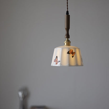 Traditional French Feather Pattern Glazed Ceramic Round Shade Walnut Wood Brass 1-Light Pendant Light For Living Room