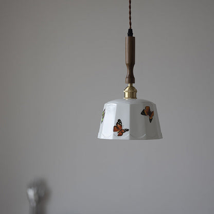 Traditional French Feather Pattern Glazed Ceramic Round Shade Walnut Wood Brass 1-Light Pendant Light For Living Room