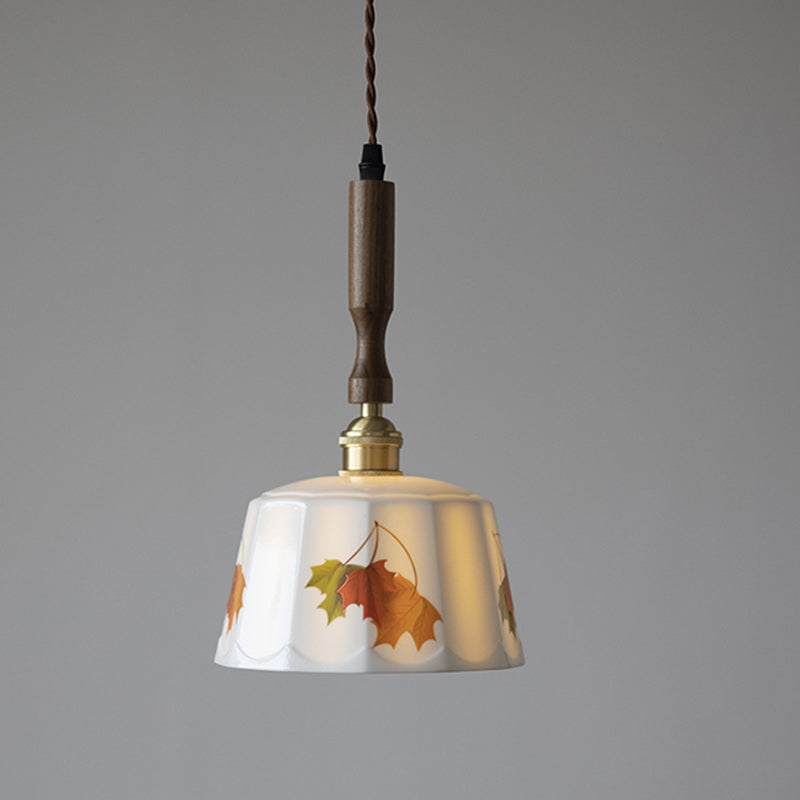 Traditional French Feather Pattern Glazed Ceramic Round Shade Walnut Wood Brass 1-Light Pendant Light For Living Room