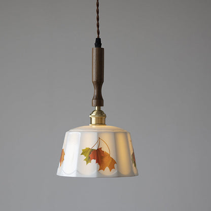 Traditional French Feather Pattern Glazed Ceramic Round Shade Walnut Wood Brass 1-Light Pendant Light For Living Room