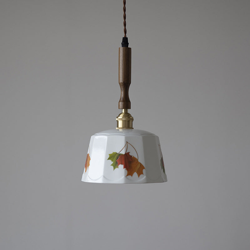 Traditional French Feather Pattern Glazed Ceramic Round Shade Walnut Wood Brass 1-Light Pendant Light For Living Room