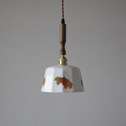 Traditional French Feather Pattern Glazed Ceramic Round Shade Walnut Wood Brass 1-Light Pendant Light For Living Room