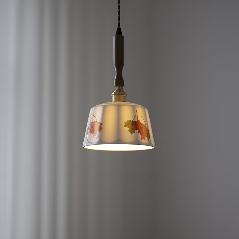 Traditional French Feather Pattern Glazed Ceramic Round Shade Walnut Wood Brass 1-Light Pendant Light For Living Room