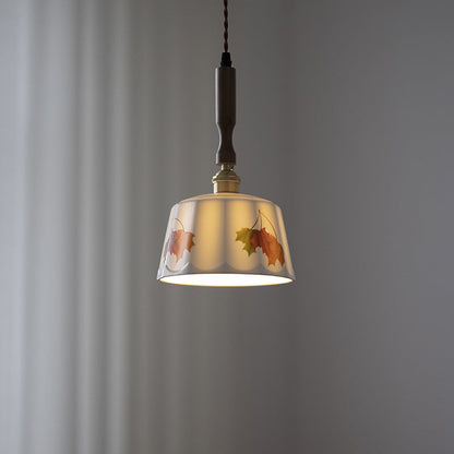 Traditional French Feather Pattern Glazed Ceramic Round Shade Walnut Wood Brass 1-Light Pendant Light For Living Room