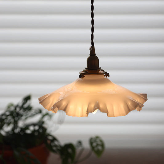 Traditional French White Jade Glass Flower Shade Brass 1-Light Pendant Light For Living Room