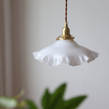 Traditional French White Jade Glass Flower Shade Brass 1-Light Pendant Light For Living Room