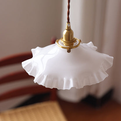 Traditional French White Jade Glass Flower Shade Brass 1-Light Pendant Light For Living Room