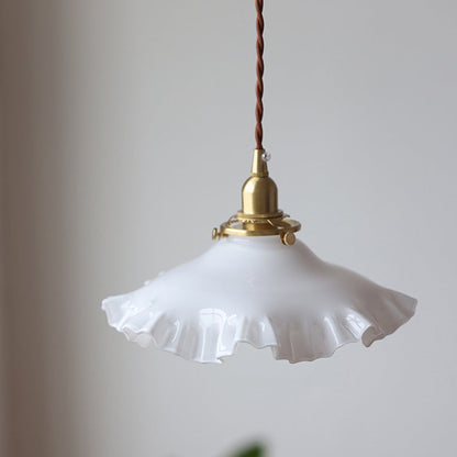Traditional French White Jade Glass Flower Shade Brass 1-Light Pendant Light For Living Room
