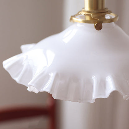 Traditional French White Jade Glass Flower Shade Brass 1-Light Pendant Light For Living Room