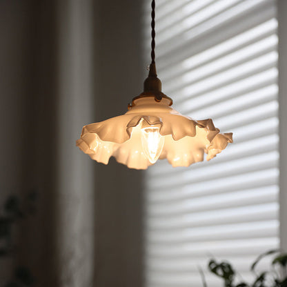 Traditional French White Jade Glass Flower Shade Brass 1-Light Pendant Light For Living Room