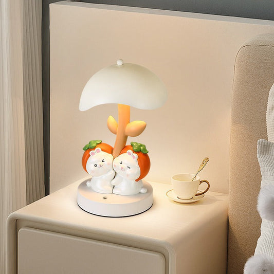 Contemporary Creative Resin Rabbit Decor Iron Mushroom Shade LED Night Light Table Lamp For Bedroom
