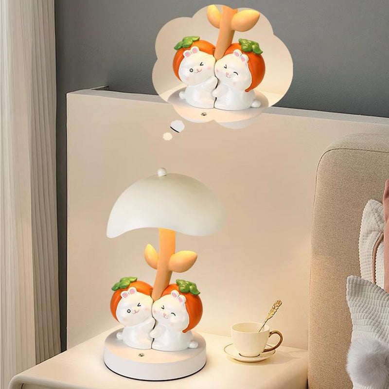 Contemporary Creative Resin Rabbit Decor Iron Mushroom Shade LED Night Light Table Lamp For Bedroom