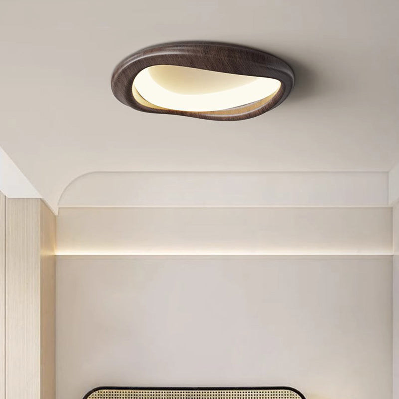 Modern Minimalist Iceberg Circle Iron Wood Grain Shade LED Flush Mount Ceiling Light For Bedroom