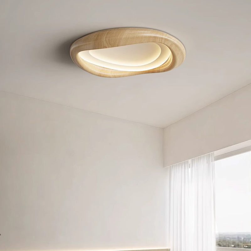 Modern Minimalist Iceberg Circle Iron Wood Grain Shade LED Flush Mount Ceiling Light For Bedroom