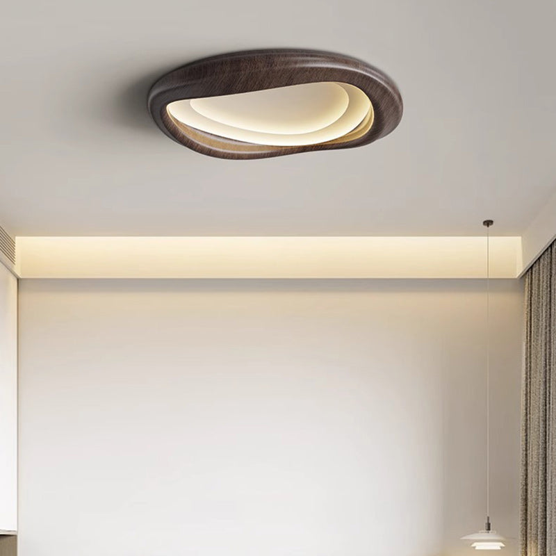 Modern Minimalist Iceberg Circle Iron Wood Grain Shade LED Flush Mount Ceiling Light For Bedroom