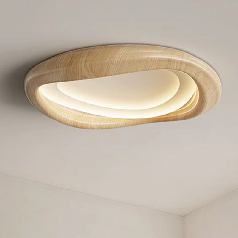 Modern Minimalist Iceberg Circle Iron Wood Grain Shade LED Flush Mount Ceiling Light For Bedroom