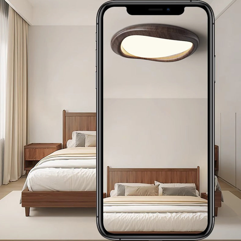 Modern Minimalist Iceberg Circle Iron Wood Grain Shade LED Flush Mount Ceiling Light For Bedroom