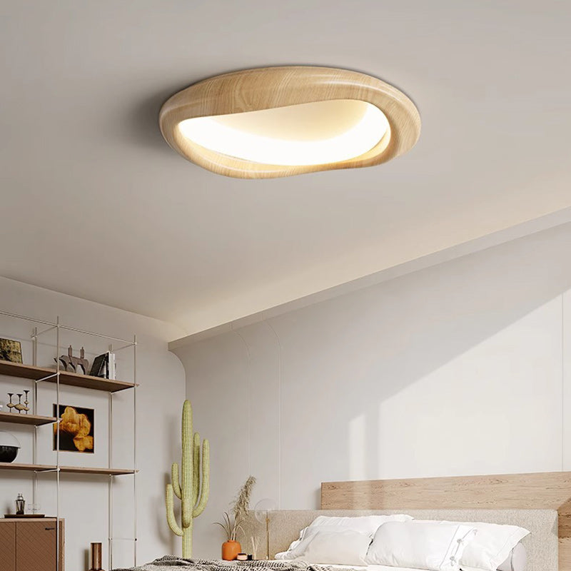 Modern Minimalist Iceberg Circle Iron Wood Grain Shade LED Flush Mount Ceiling Light For Bedroom
