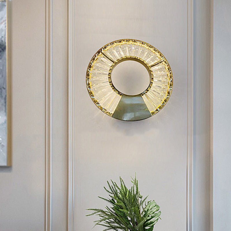 Modern Eclectic Stainless Steel Circle Ring Dazzling Crystal LED Wall Sconce Lamp For Bedroom