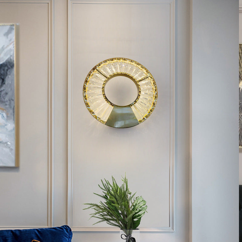 Modern Eclectic Stainless Steel Circle Ring Dazzling Crystal LED Wall Sconce Lamp For Bedroom