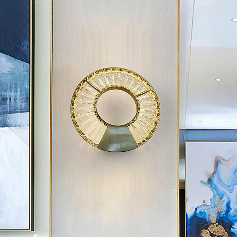Modern Eclectic Stainless Steel Circle Ring Dazzling Crystal LED Wall Sconce Lamp For Bedroom