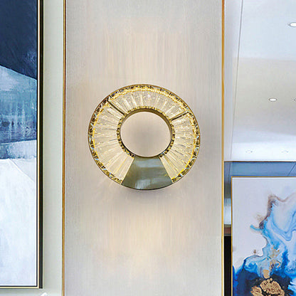 Modern Eclectic Stainless Steel Circle Ring Dazzling Crystal LED Wall Sconce Lamp For Bedroom