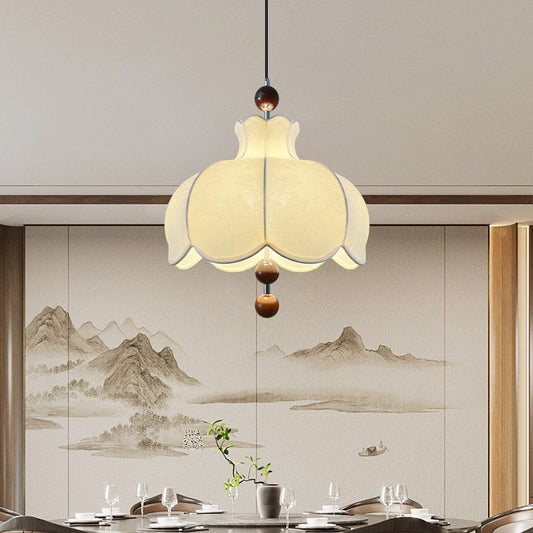 Modern Shabby Chic Printed Fabric Floral Shade Solid Wood 3-Light Pendant Light For Living Room