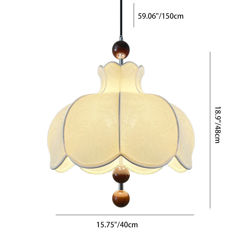 Modern Shabby Chic Printed Fabric Floral Shade Solid Wood 3-Light Pendant Light For Living Room