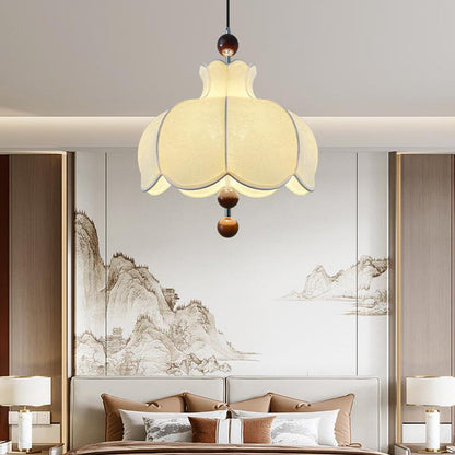 Modern Shabby Chic Printed Fabric Floral Shade Solid Wood 3-Light Pendant Light For Living Room