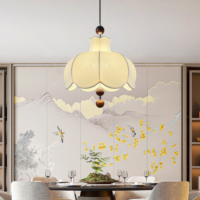 Modern Shabby Chic Printed Fabric Floral Shade Solid Wood 3-Light Pendant Light For Living Room