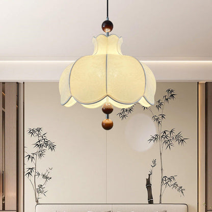 Modern Shabby Chic Printed Fabric Floral Shade Solid Wood 3-Light Pendant Light For Living Room