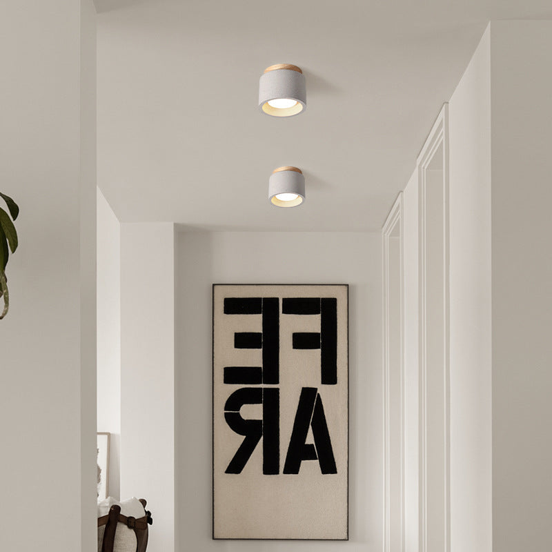 Modern Minimalist Cement Terrazzo Texture Cylinder 1-Light Semi-Flush Mount Ceiling Light For Living Room