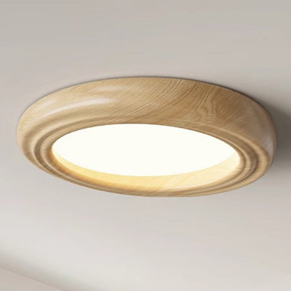 Traditional Japanese Round Iron Wood Grain ABS Shade LED Flush Mount Ceiling Light For Bedroom