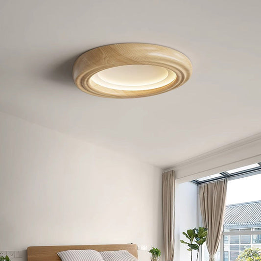 Traditional Japanese Round Iron Wood Grain ABS Shade LED Flush Mount Ceiling Light For Bedroom