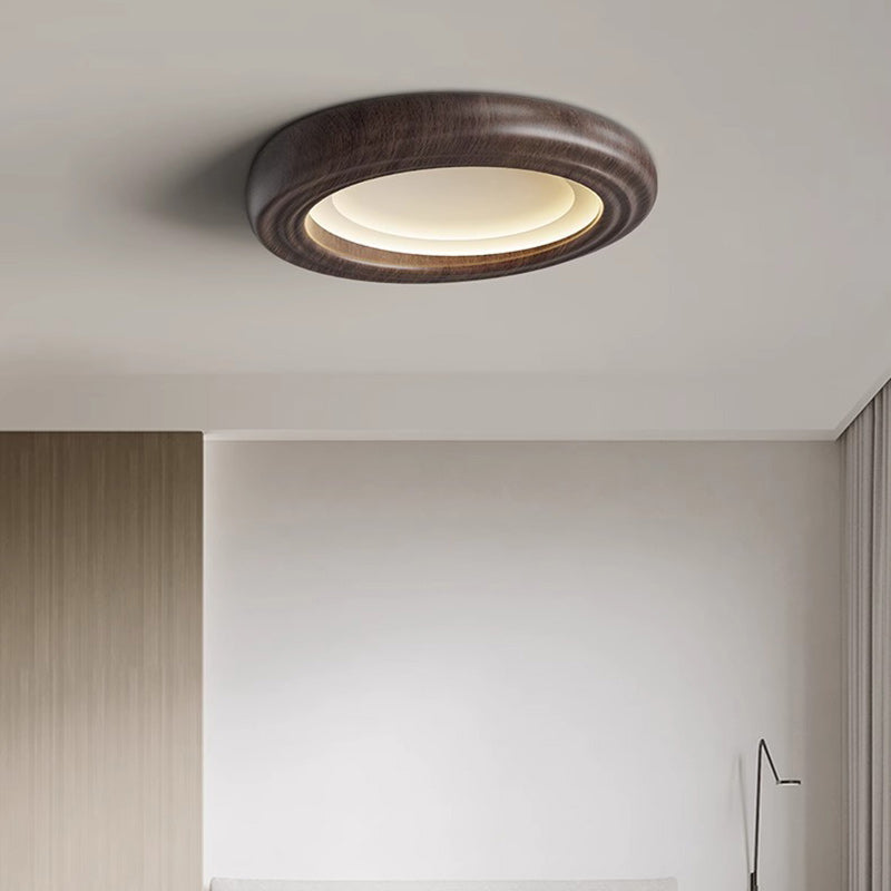 Traditional Japanese Round Iron Wood Grain ABS Shade LED Flush Mount Ceiling Light For Bedroom