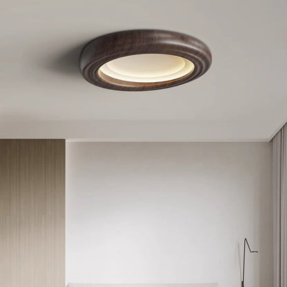 Traditional Japanese Round Iron Wood Grain ABS Shade LED Flush Mount Ceiling Light For Bedroom