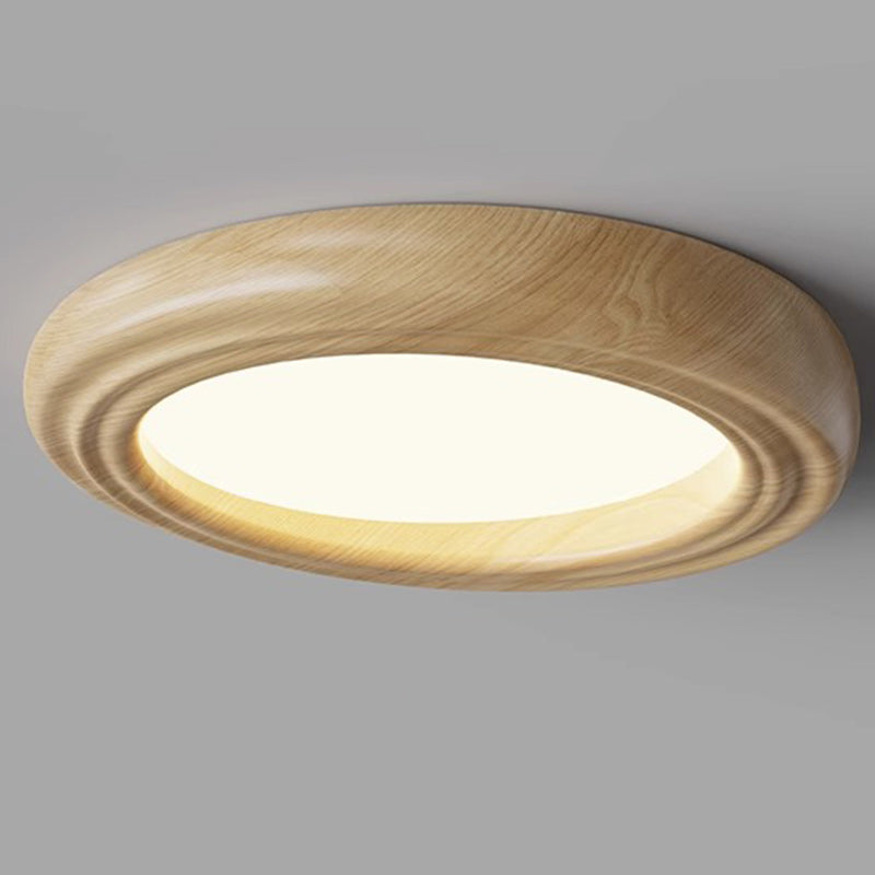 Traditional Japanese Round Iron Wood Grain ABS Shade LED Flush Mount Ceiling Light For Bedroom