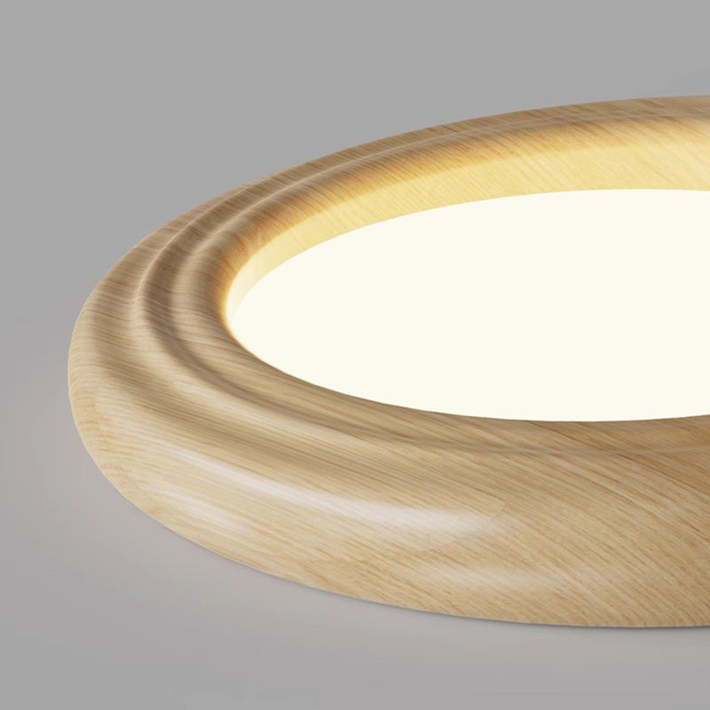 Traditional Japanese Round Iron Wood Grain ABS Shade LED Flush Mount Ceiling Light For Bedroom