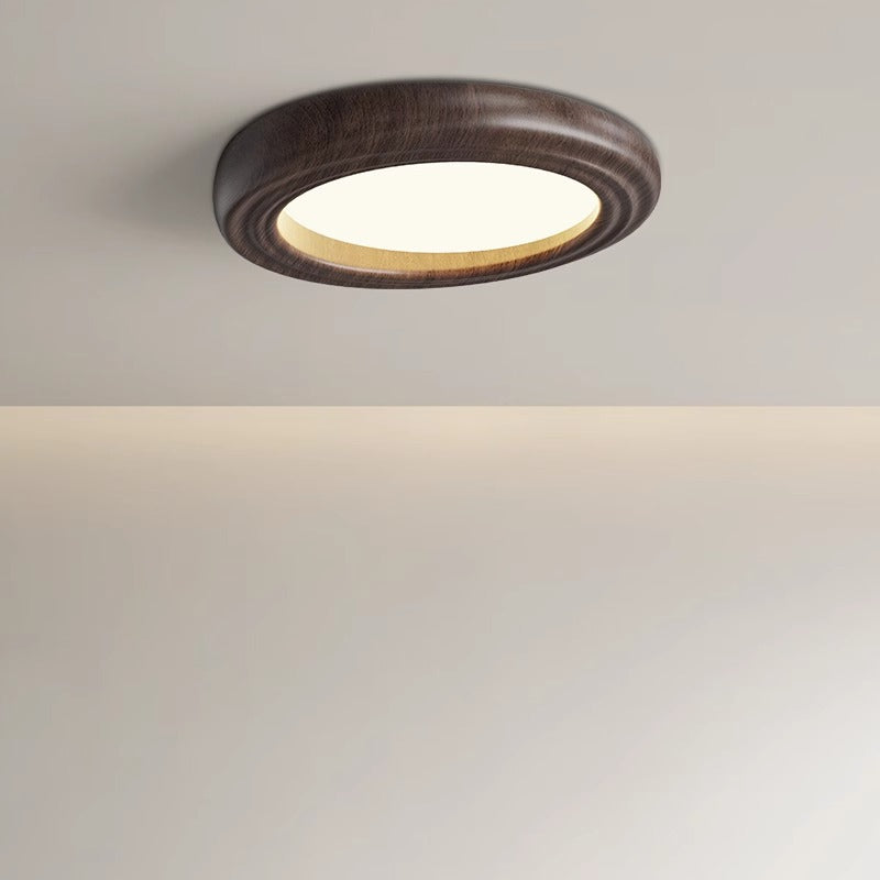 Traditional Japanese Round Iron Wood Grain ABS Shade LED Flush Mount Ceiling Light For Bedroom